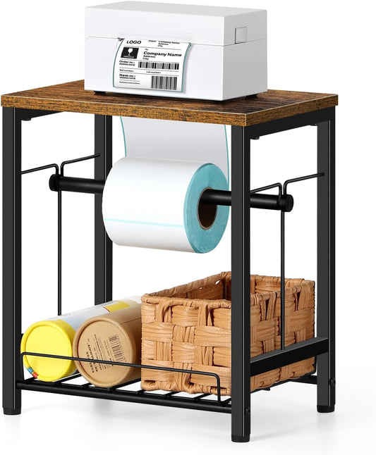 Label Holder Thermal Shipping Label Holder for Rolls & Fan-Fold, Sticker Roll Holder with Basket Desktop Label Roll Dispenser Accessory for Home, Office, Small Business, Rustic Brown