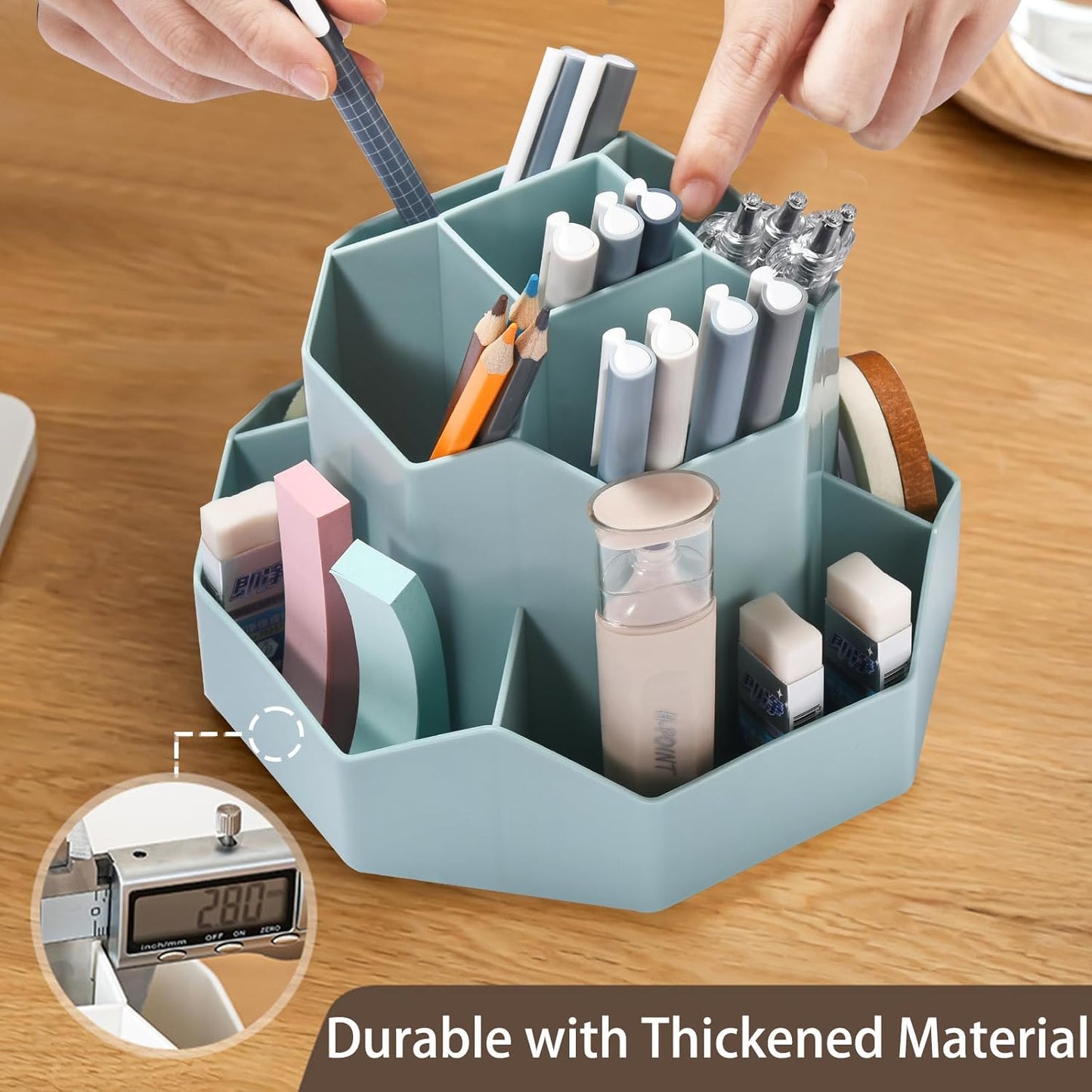 Pencil Pen Holder for Desk, 9 Slots 360 Degree Rotating Desk Organizer, Cute Pen Organizers Stationery Supplies for Office Home & Art Supply (Blue)