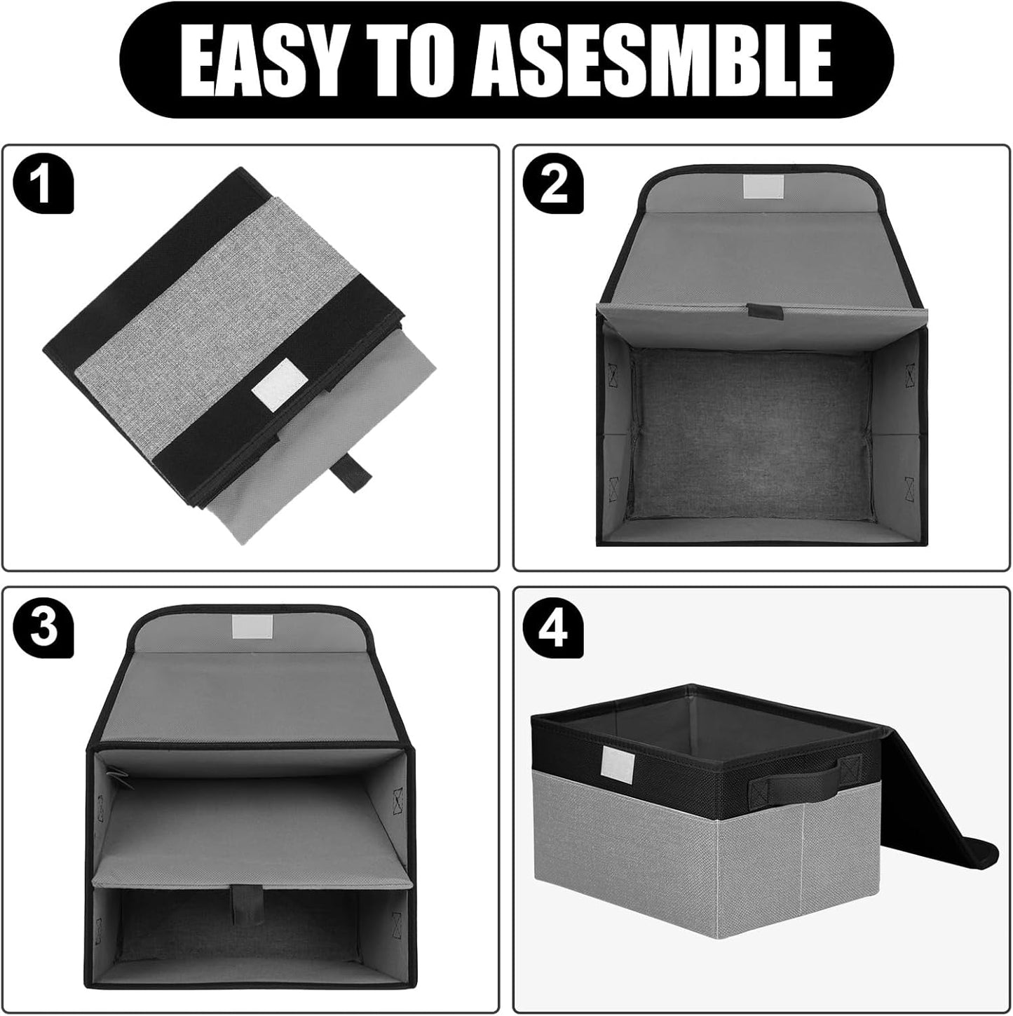 Small 8 Quart Linen Fabric Foldable Storage Bin Cube Organizer Basket with Lid & Handles, Collapsible Decorative Box Container for Home, Dorm, Closet, Black & Gray, 10"x8"x6", 6-Pack