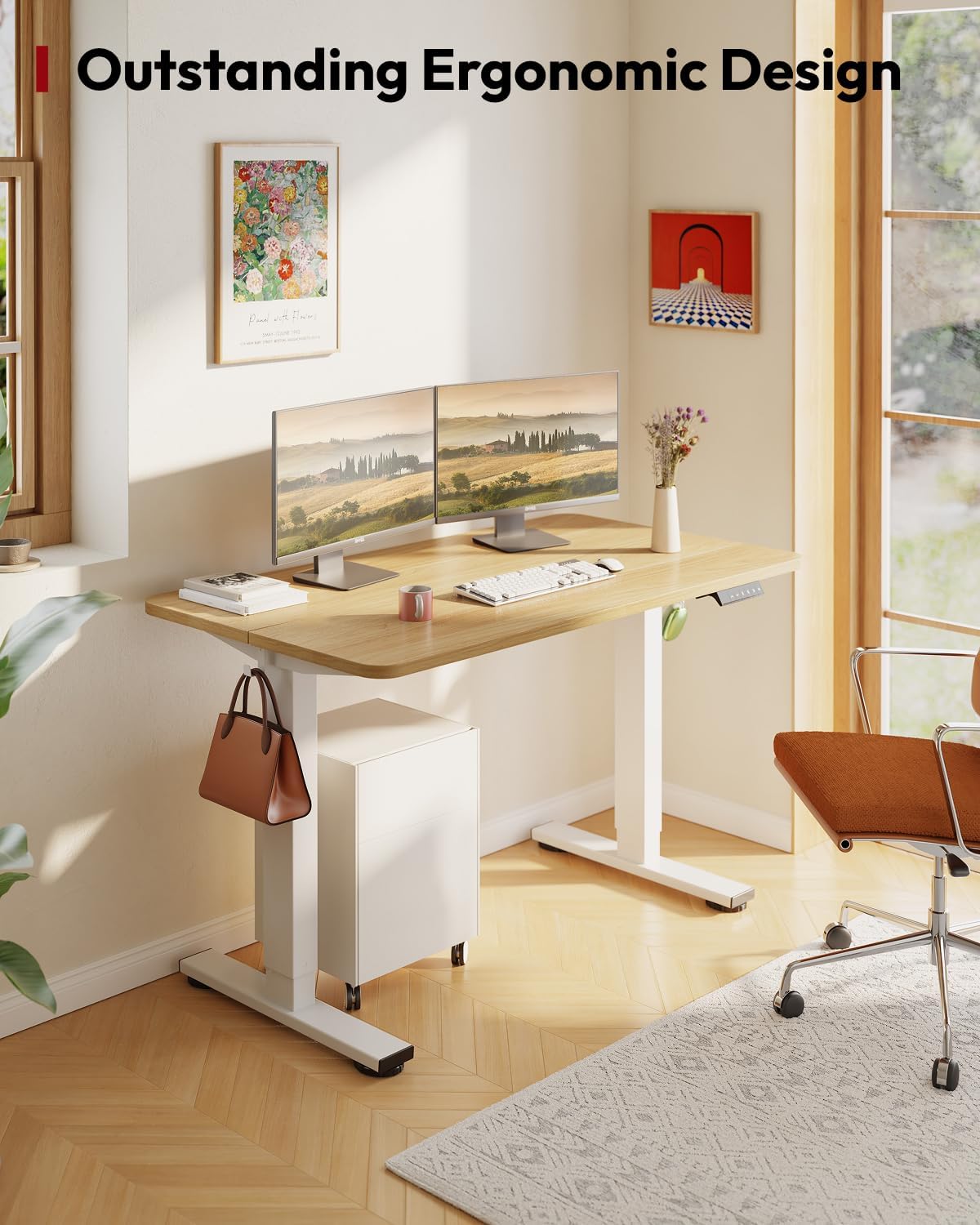 SANODESK Standing Desk Height Adjustable Electric Stand up Desk 48x24 Inches Sit Stand Home Office with Splice Board, White Frame/Maple Top