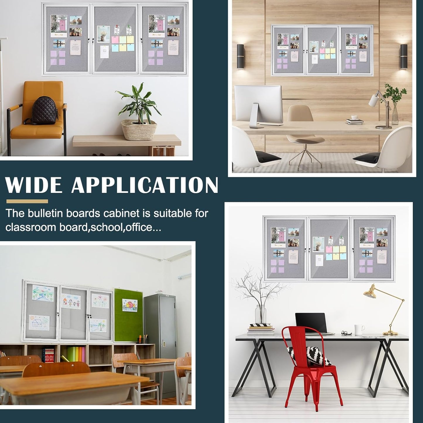 72" x 36" Enclosed Bulletin Board Outdoor 3 Door Weatherproof Tamper-Proof Enclosed Cork Board with Lock Aluminum Frame Display Case for Back to School, Office Commercial, 18xA4(Gray)