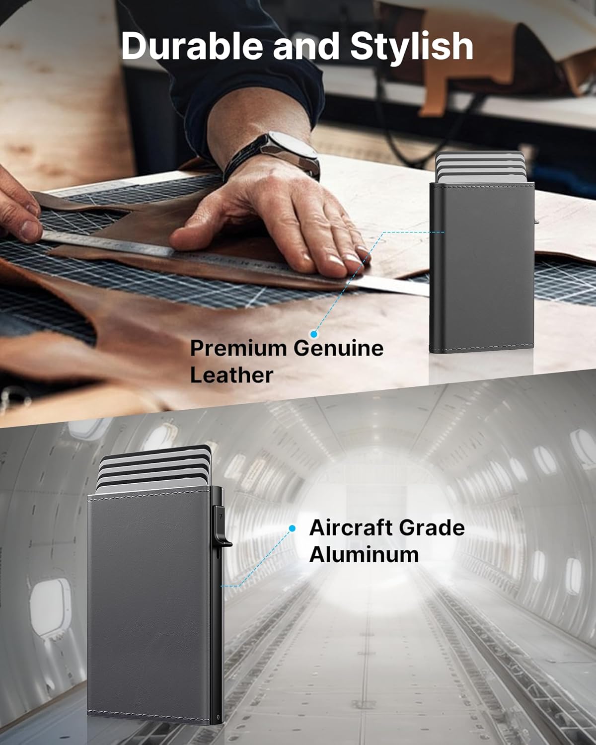 typecase Mens Wallet Card Holder: Pop Up Aluminum Case, Premium Genuine Leather, Smart, RFID Blocking, Slim, Minimalist, Front Pocket - 9-14 Card Capacity | ID Window | Cash Slot - Deep Grey