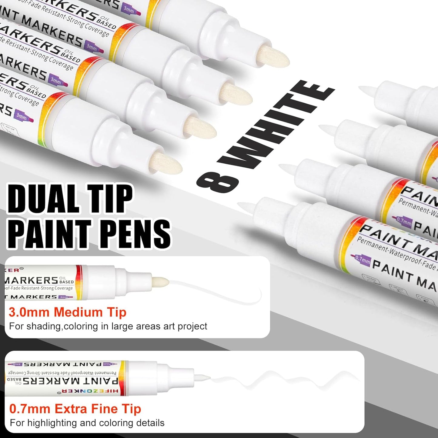 White Paint Pen Marker - 2 PCS Dual Tip Oil Based Permanent Markers, Extra Fine and Medium Tip (0.7mm & 3mm), Quick Drying, Waterproof, for Fabric