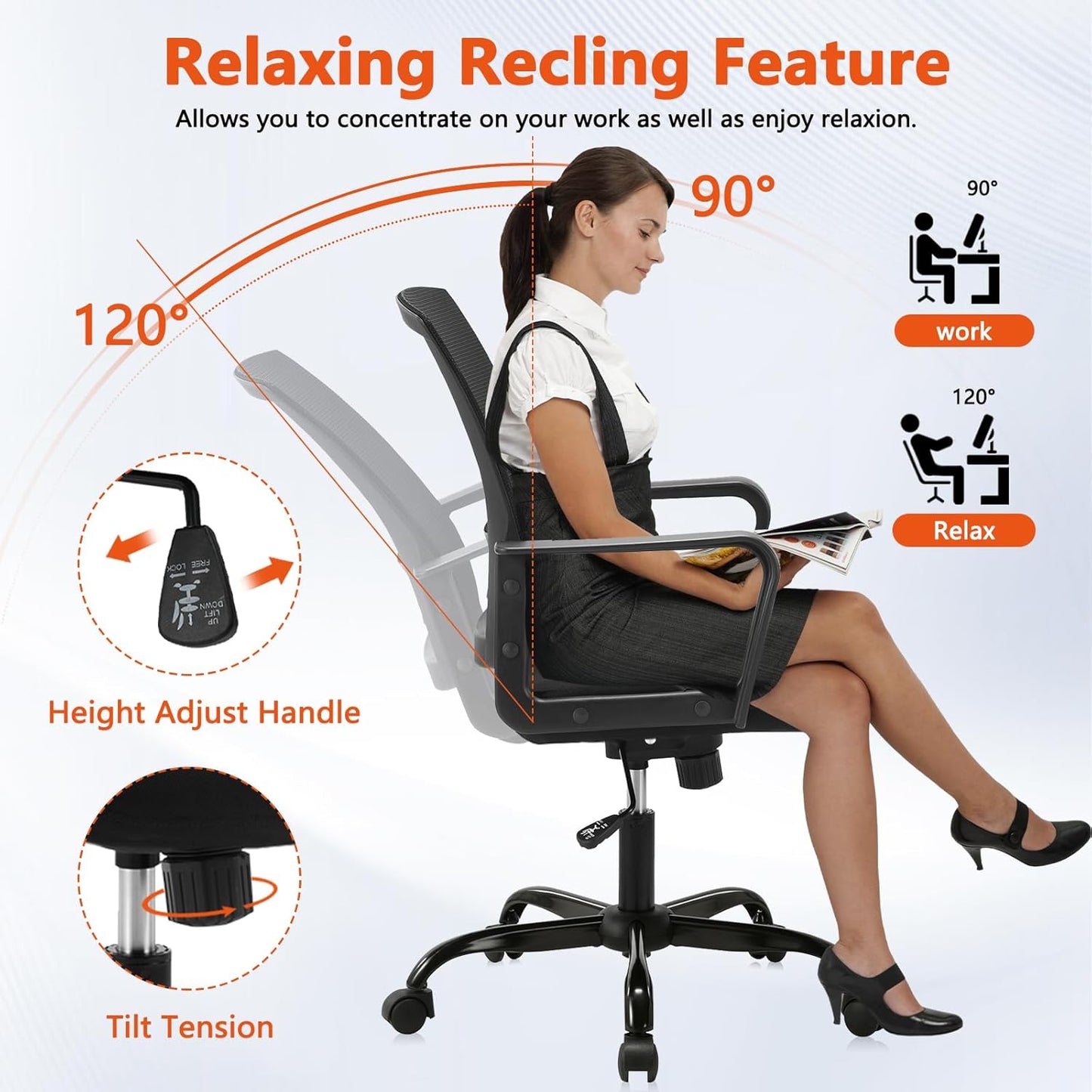 CLATINA Office Chair, Mid Back Ergonomic Desk Chairs Rolling Mesh Computer Chair with Executive Lumbar Support and Height Adjustable Design for Home Office, Black