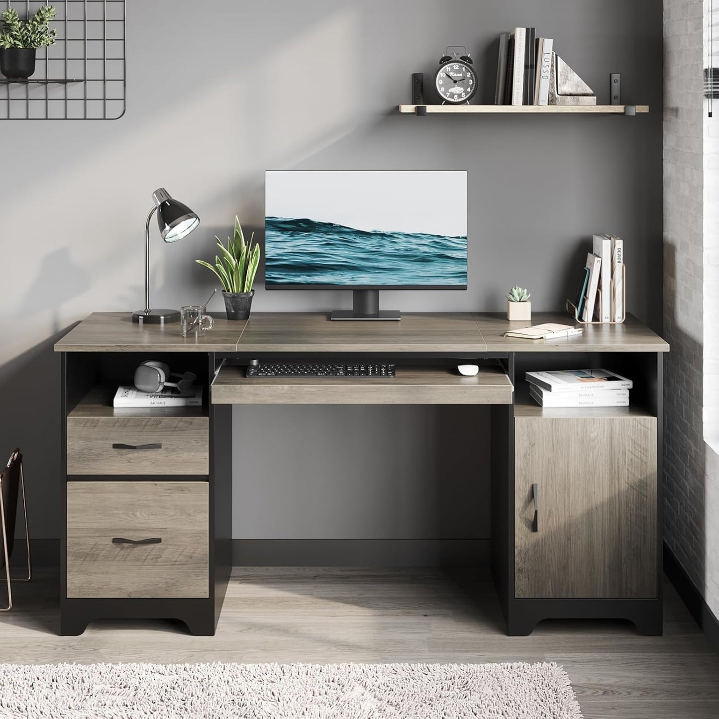 Bestier 59” Executive Desk with 2 Drawers, Computer Desk with Storage Cabinet, Industrial Wood Desk with File Drawer, Keyboard Tray & 2 Pedestals for Home Office & Studio, Gray