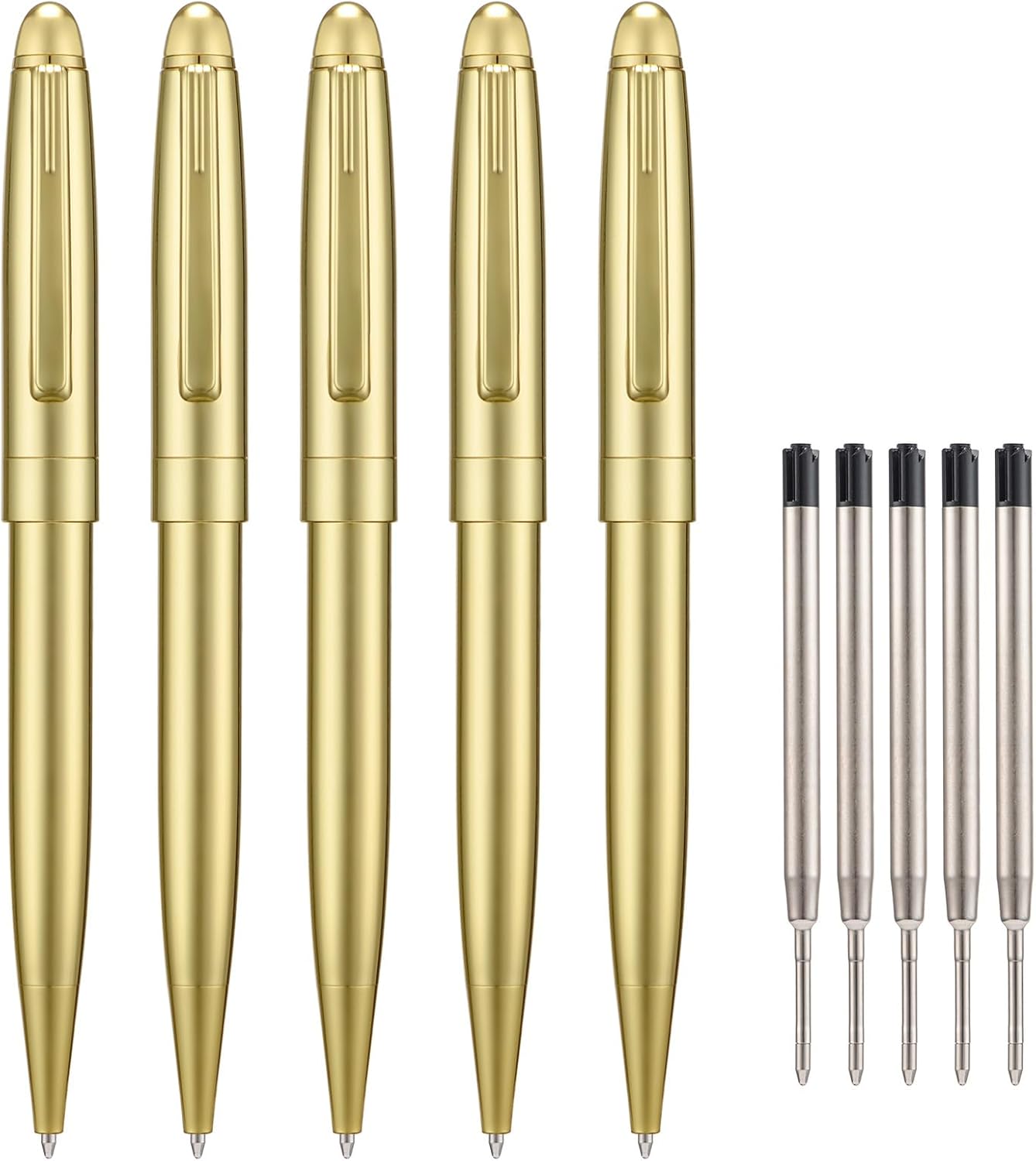5 PCS Golden Ballpoint Pens with Extra Refills Set, 1mm Medium Point Black Ink, Great Smooth Writing Metal Pen for Business Office Teacher Student Wedding Guest Gift (Gold Trim)