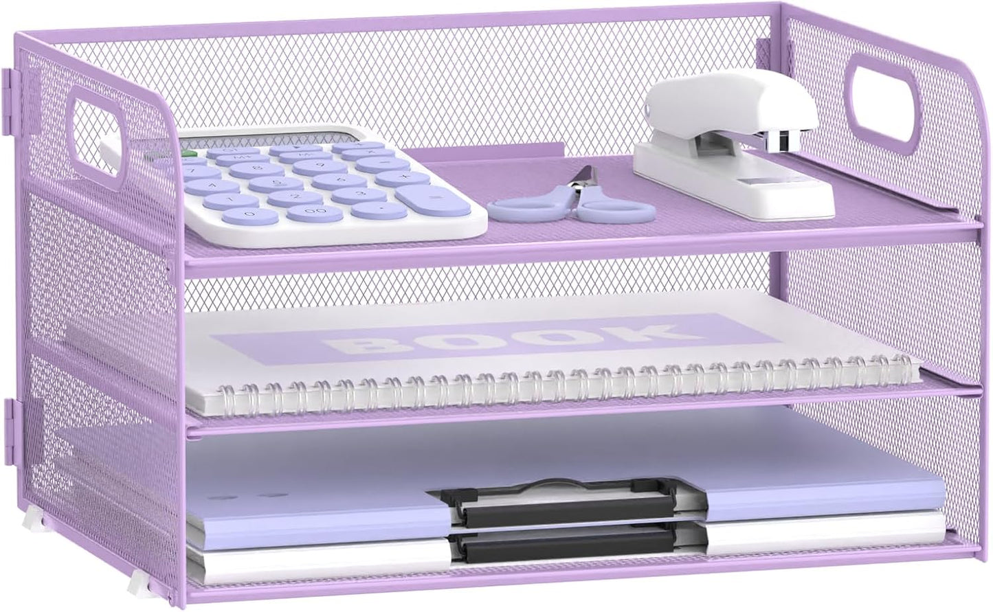 Supeasy 3 Tier Paper Organizer with Handle, Mesh Desk Organizer Letter Tray, Paper Tray File Organizer for A4 File Folder, Purple