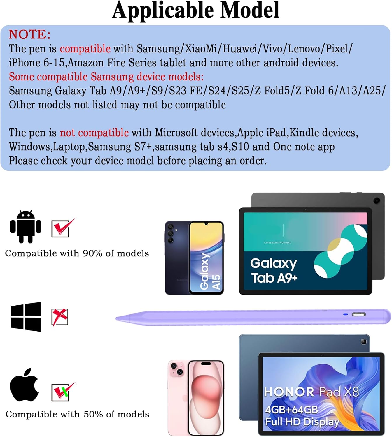 Stylus Pen for Android/iOS Tablet,Tablet Pencil with Pom Tip Rechargeable Active Stylus Pen for iPhone/Samsung/XiaoMi/Huawei/Vivo/Lenovo and Other Android Smartphones and Tablets-Purple