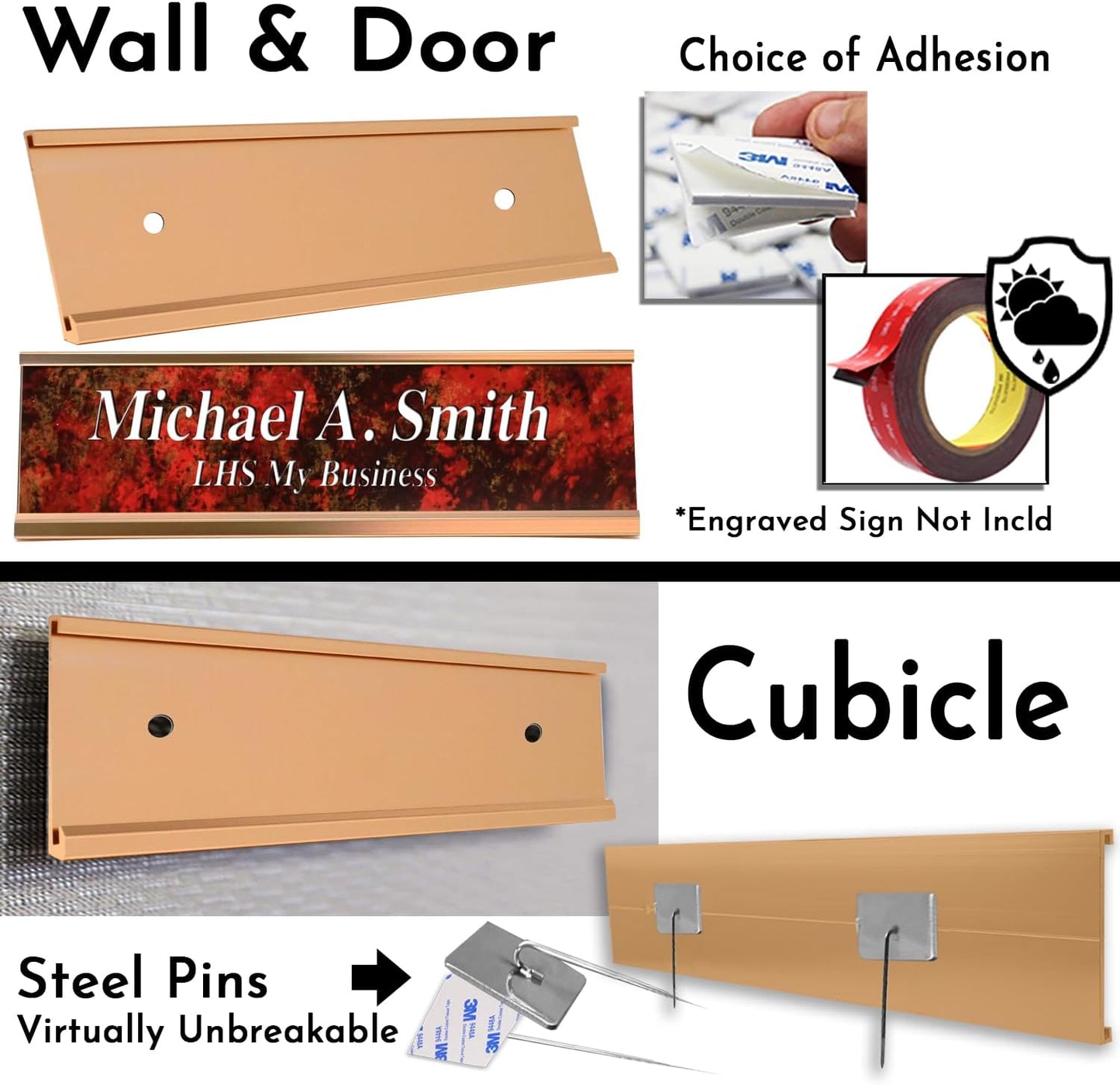 Executive Wall Nameplate Sign Holder Rose Gold Aluminum Fits 2x10 Plastic Office Door Name Plate or Cubicle Option| Made in USA