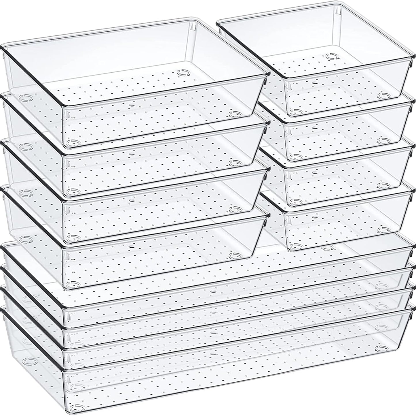 12 Pack Clear Plastic Drawer Organizer Set, Acrylic Non Slip Non Cracking Kitchen Drawer Storage Tray Large Size Divider, Multifunctional Storage for Cosmetics, Bathroom, Tools, Kitchen and Office
