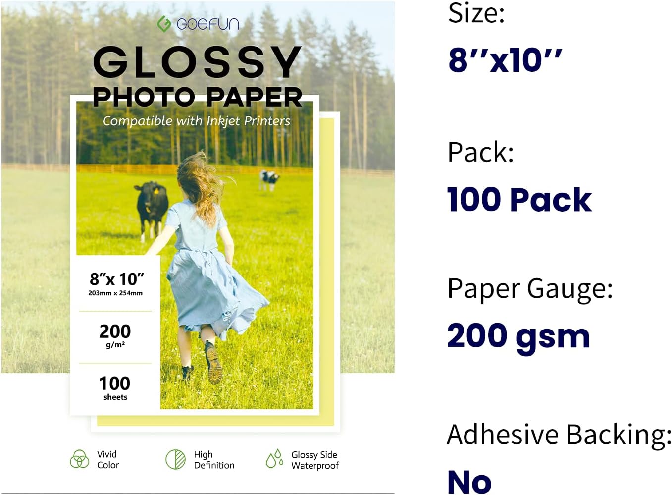 100 Sheets Glossy Photo Paper 8x10, Goefun 200GSM/54LB Inkjet Printer Paper for Dye Ink