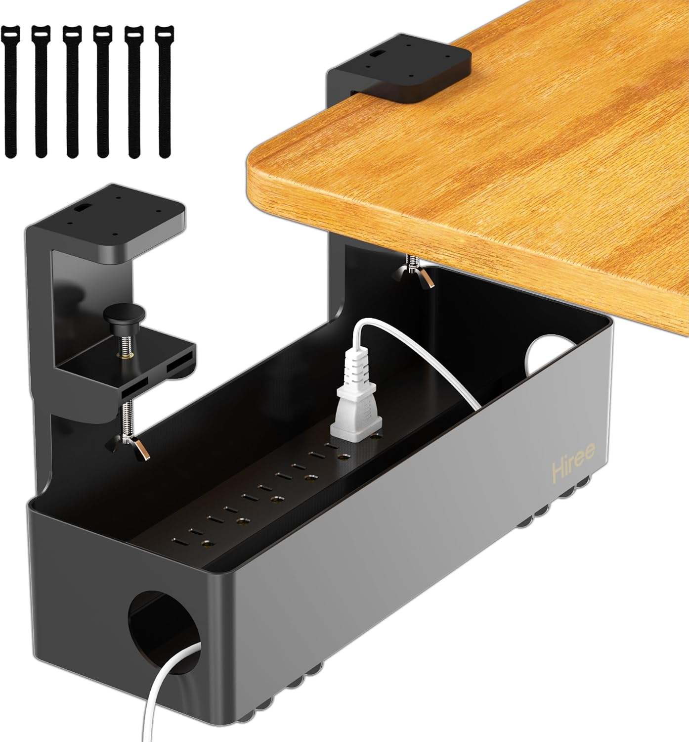 Under Desk Cable Management Tray with 6 AC Power Outlet and Clamp Mount, No Drill Cord Storage Organizers for Wire Management, Standing Desk , Computer Desk Accessories for Office & Home（Black）