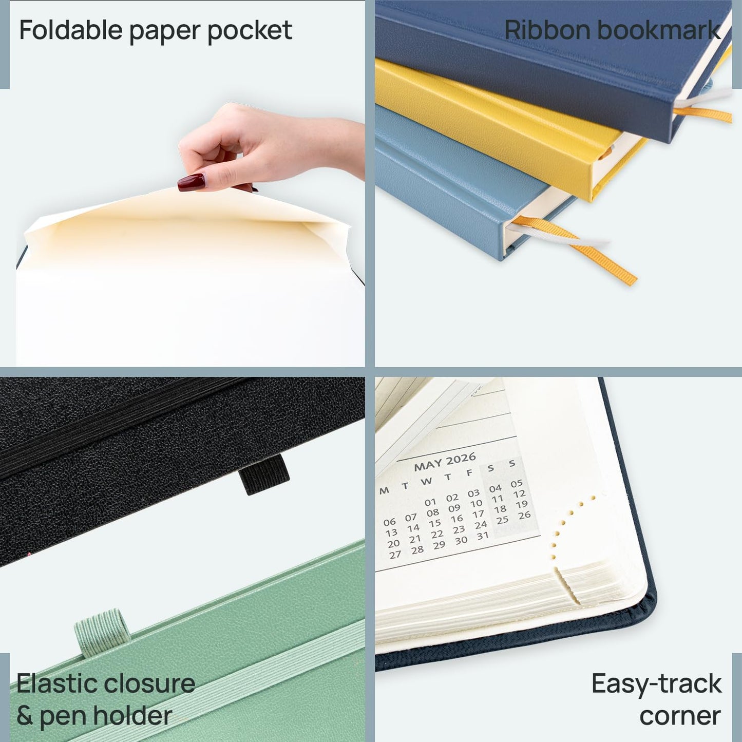 POPRUN 2026 Daily Planner One Page Per Day Even Weekends A4 Large Size (8.5" x 12") - 12 Months Calendar Hourly Appointment Book with Inner Pocket, Pen Holder, Hardcover - Haze Blue