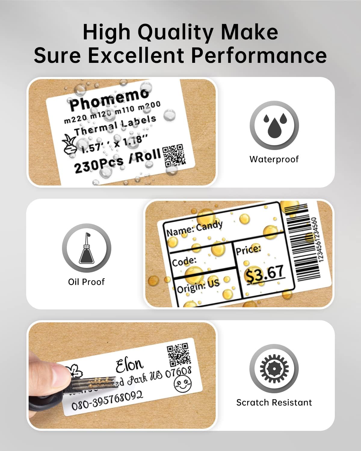 Phomemo Labels Set, M220 M110 M108 M250 M260 M150 M221 M120 M200 Label Maker Tape,Black on White Thermal Paper Self-Adhesive Stickers, Include 1.57'' x 1.18'',1.96'' x 1.18'',1" x 2-5/8"