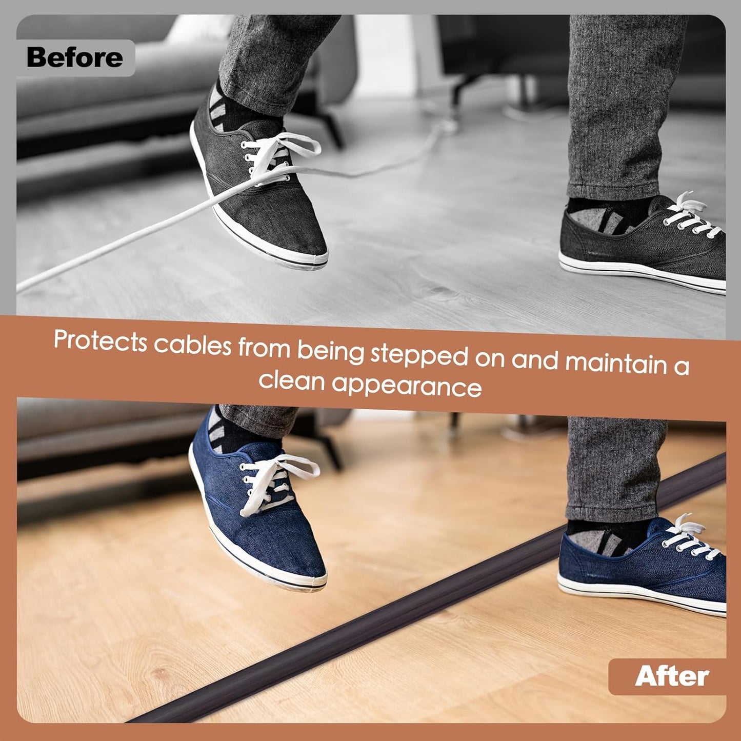 Floor Cord Cover for Wires on Floor Self Adhesive Cord Hider Floor Cable Management Wire Covers for Cords Protector Prevent Cable Trips Cord Cavity W 0.32" x H 0.32", Black Walnut, 3.3Ft