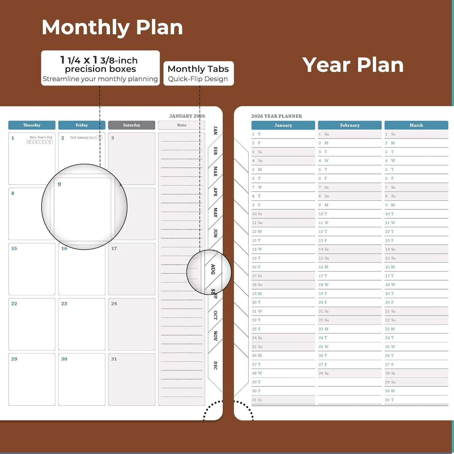 Planner 2026 Daily Weekly and Monthly,11.5"x8.5",12 Months Spiral Bound Calendar Agenda with Self-adhesive Pen Holder,2026 Appointment Book with Vegan Leather Soft Cover,Brown