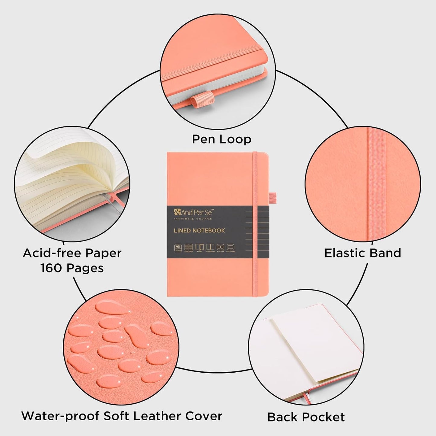 &And Per Se Lined Journal Notebook, 160 Pages, A5 5.7 x 8 inches College Ruled Thick Paper Notebook Journals for Writing, Hardcover Notebooks for Women Men Office School (1 Pack, Peach)