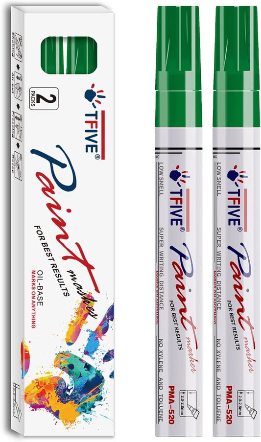 TFIVE Green Permanent Paint Marker Pens - 2 Count Oil Based Marker Pen, Medium Tip, Waterproof & Quick Dry, for Office, Art projects, Rock Painting, Ceramic, Glass, Wood, Plastic, Metal, Canvas
