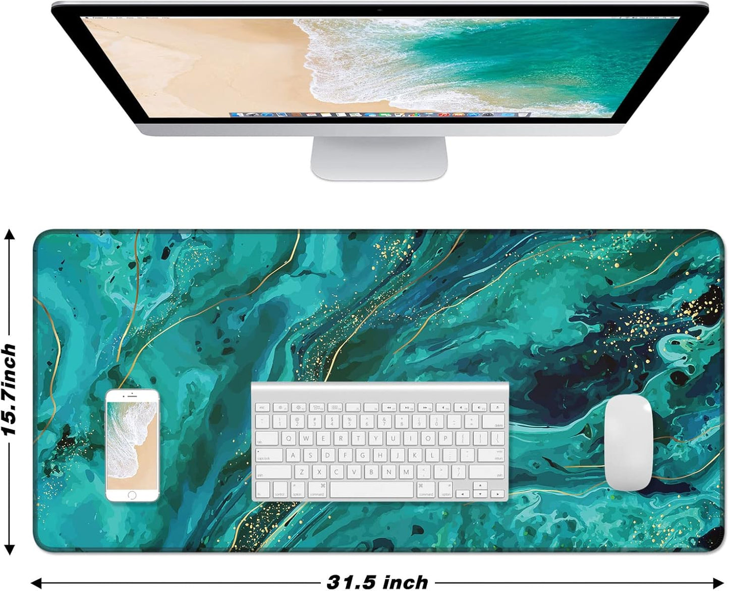 Extended Large Mouse Pad, XXL Gaming Mousepad 31.5 x 15.7 Inch, Big Computer Keyboard Desk Pad, Waterproof Mouse Mat with Stitched Edges and Non-Slip Base for Office Gaming, Green Marble