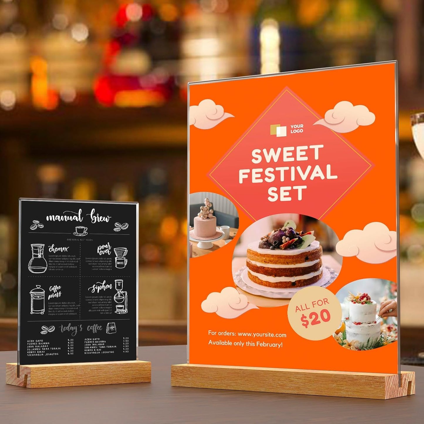 Acrylic Sign Holder with Wooden Base, Desktop Display Stand (8.5x11 2Pack)