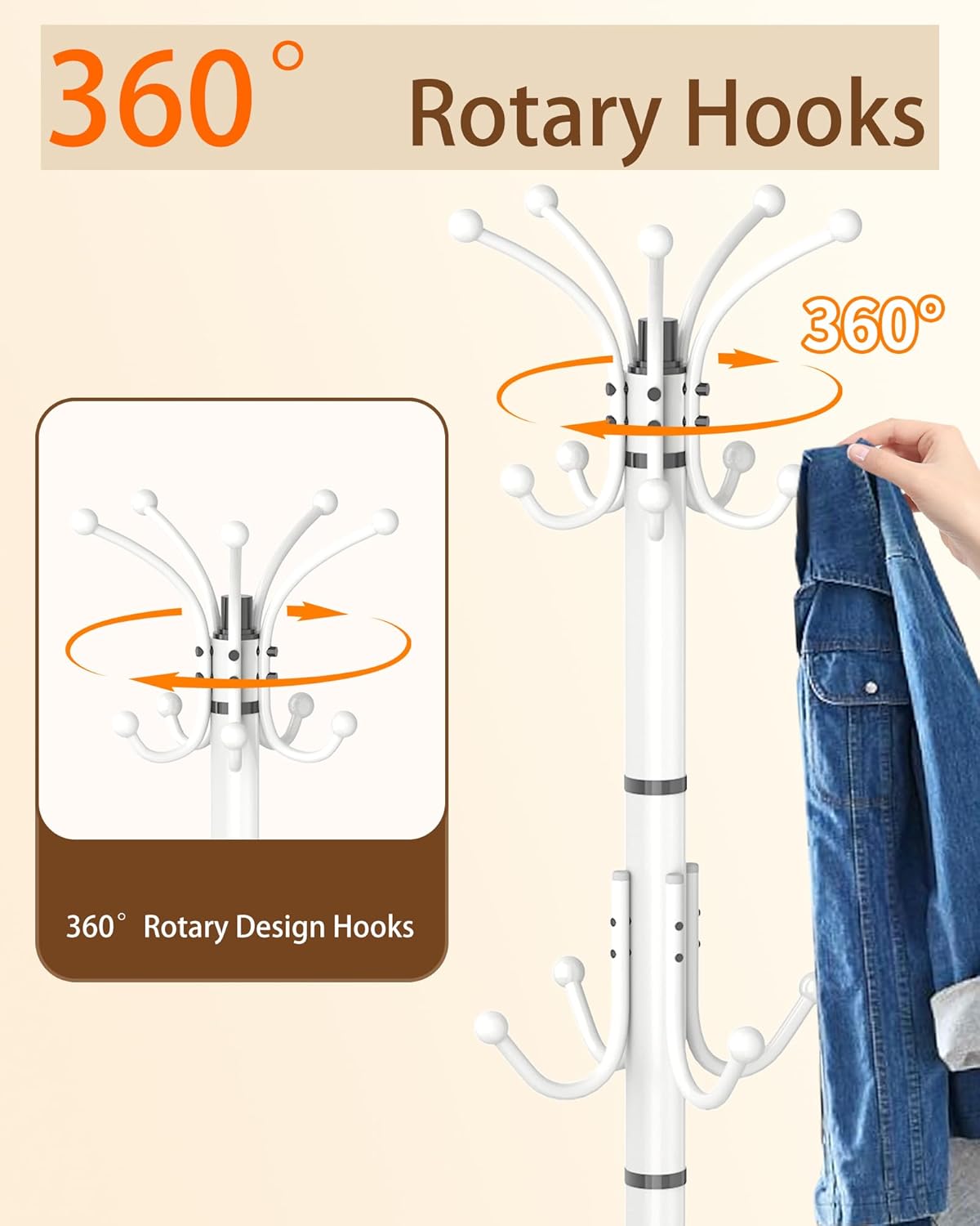 EZIVIEZ Modern Coat Rack Stand, 360° Rotary Metal Freestanding Coat Rack with Natural Marble Base, White Coat Racks and Coat Hanger Tree Jacket Stand with 14 Hooks for Office, Entryway, Hallway