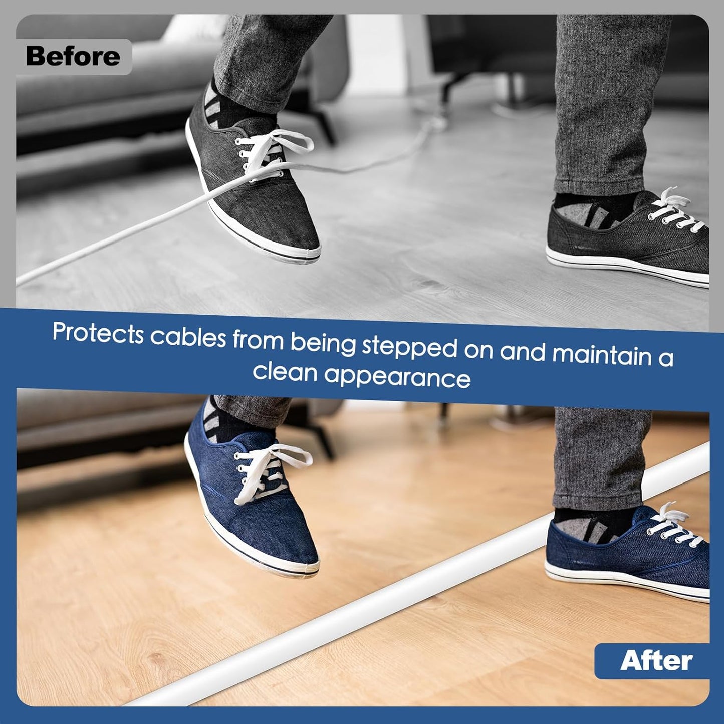 Floor Cord Cover for Wires on Floor Self Adhesive Cord Hider Floor Cable Management Wire Covers for Cords Protector Prevent Cable Trips Cord Cavity W 0.59" x H 0.31", White, 3.3Ft