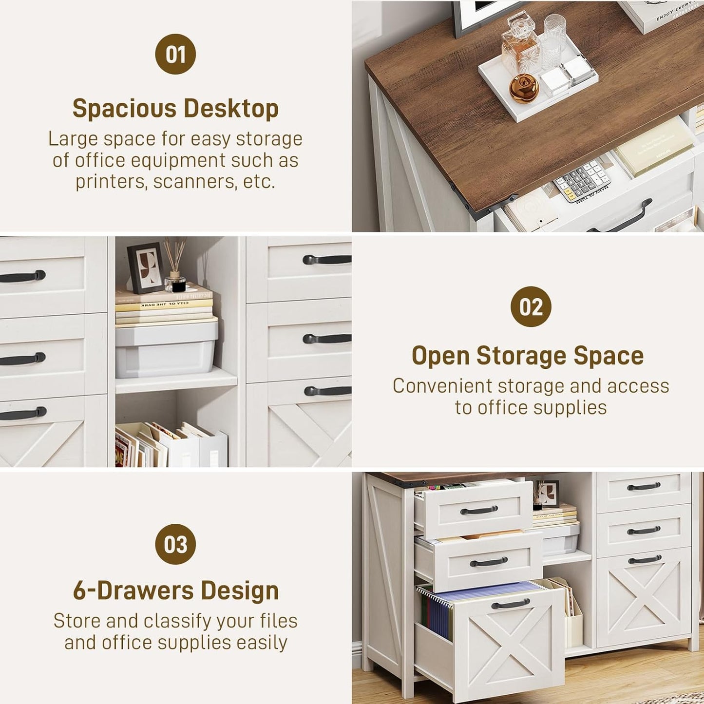 Lateral File Cabinet with 6 Drawers, Farmhouse Filing Cabinet for Letter/A4 Size, Wood File Storage Cabinets Printer Stand with Open Storage Adjustable Shelf for Home Office Cabinets, Rustic White