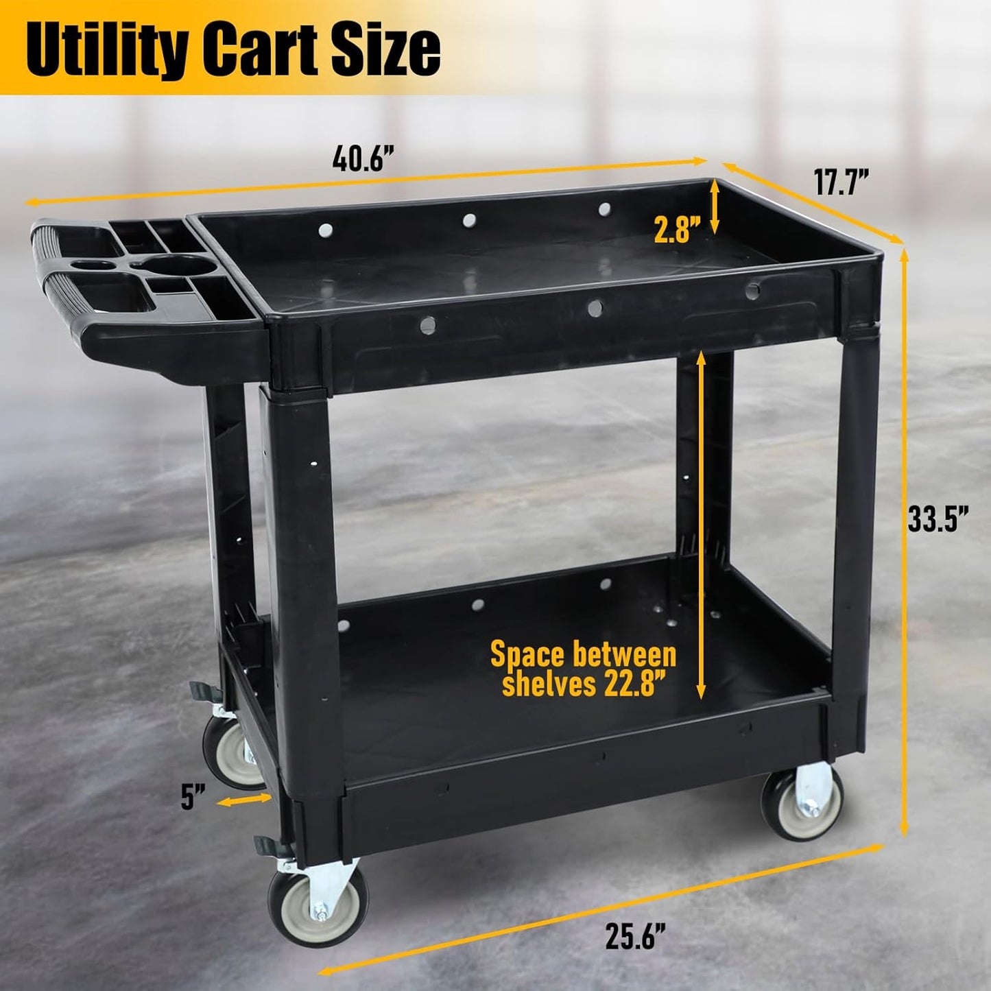 Utility Rolling Tool Cart, 40 x 17-Inch Plastic Rolling Carts Huge Storage W/Deep 2-Shelf Heavy Duty Service Carts with Wheels,550 lbs Capacity Organizer for Garage,Warehouse,Workshop-Medium
