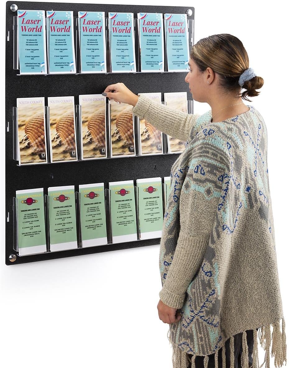 Displays2go Wall Mount Acrylic Brochure Holder, 9-18 Adjustable Pockets, Tiered Design - Black (2RP9BLK)