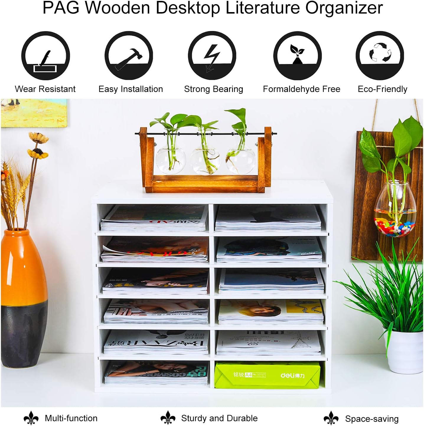 PAG Countertop Mail Sorter Organizer, Wooden Literature Organizer, Student Mailbox for Classroom, Desktop Bill Organizer for Office Home School, 12 Compartments, White