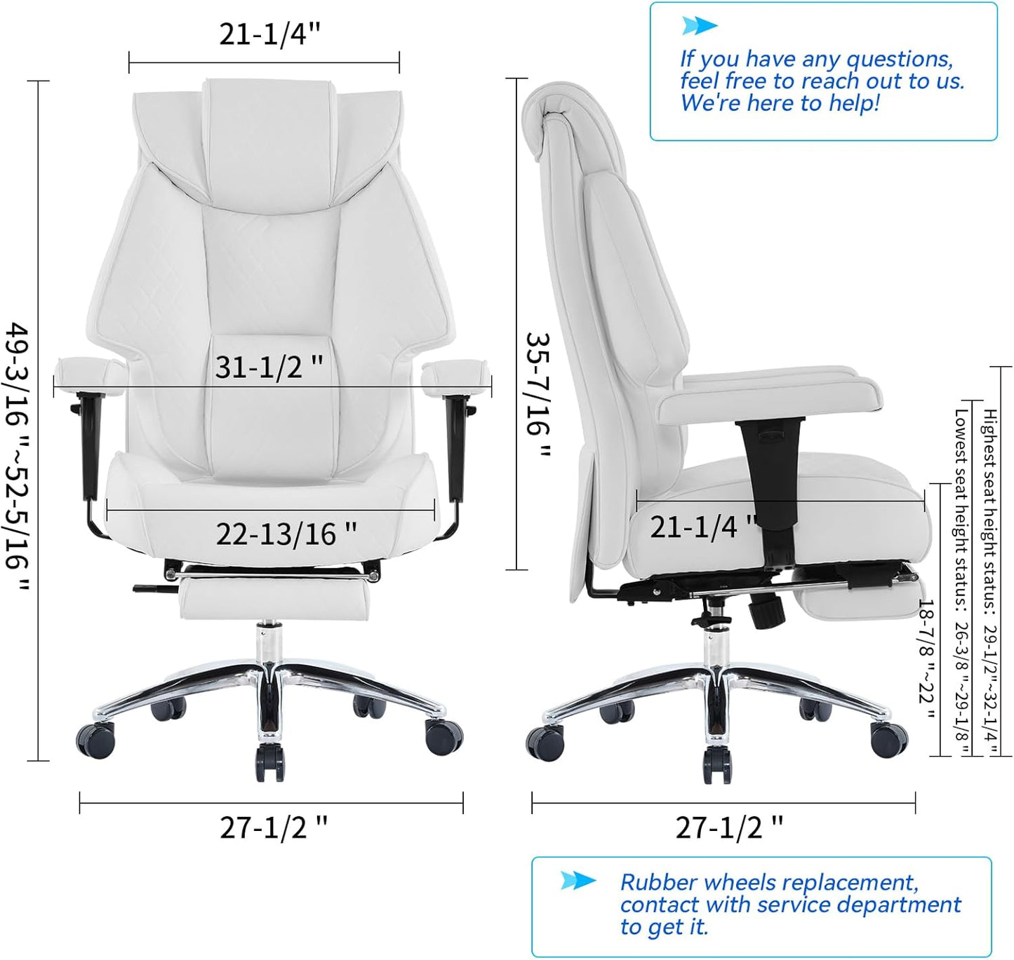 Big and Tall Office Chair with Footrest, PU Leather High Back Executive Office Chair 400lbs, Ergonomic Computer Chairs Lumbar Support for Heavy People (White)