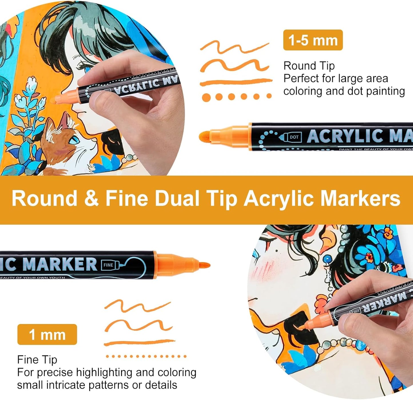 30 Colors Waterproof Dual Tip Acrylic Paint Pens, Dot & Fine Tip Premium Coloring Drawing Markers Set for Wood, Rock Painting, Canvas, Glass, Ceramic Surfaces and DIY Crafts Making Art Supplies