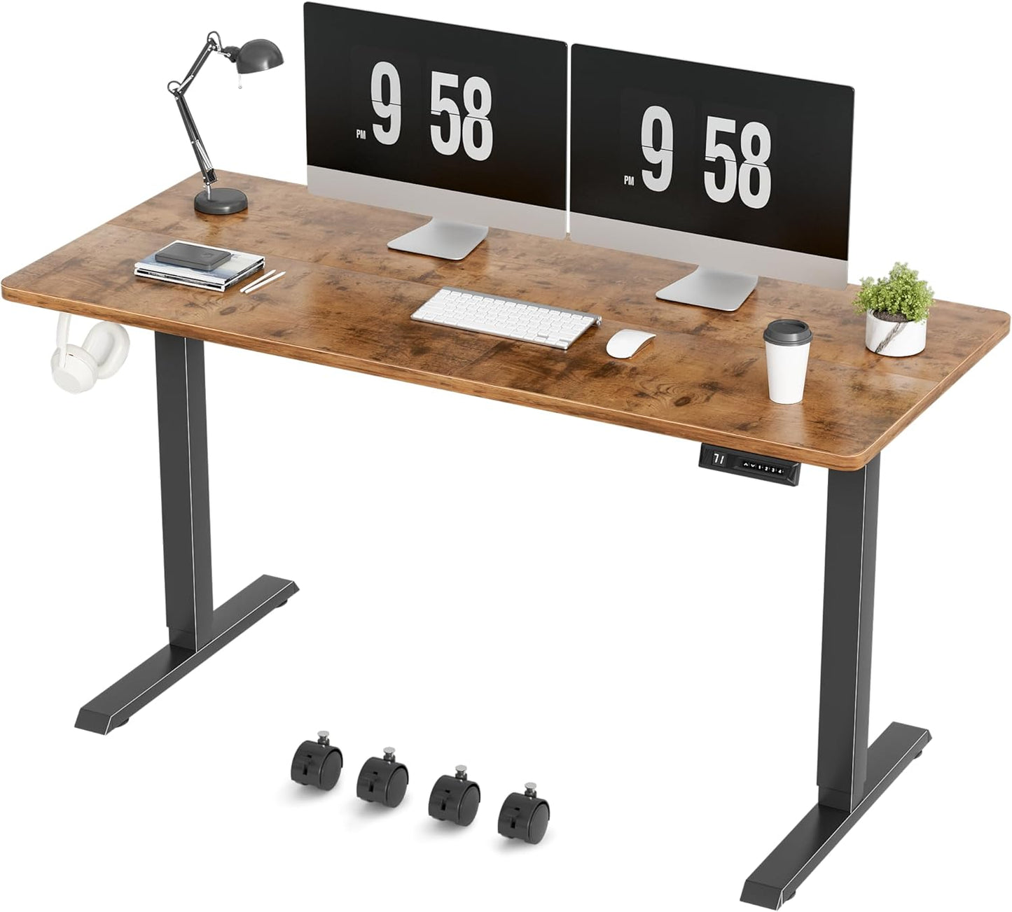 Furmax Electric Standing Desk, 55 x 24 Inches Height Adjustable Desk with Removable Casters, Home Office Computer Desk (Brown)