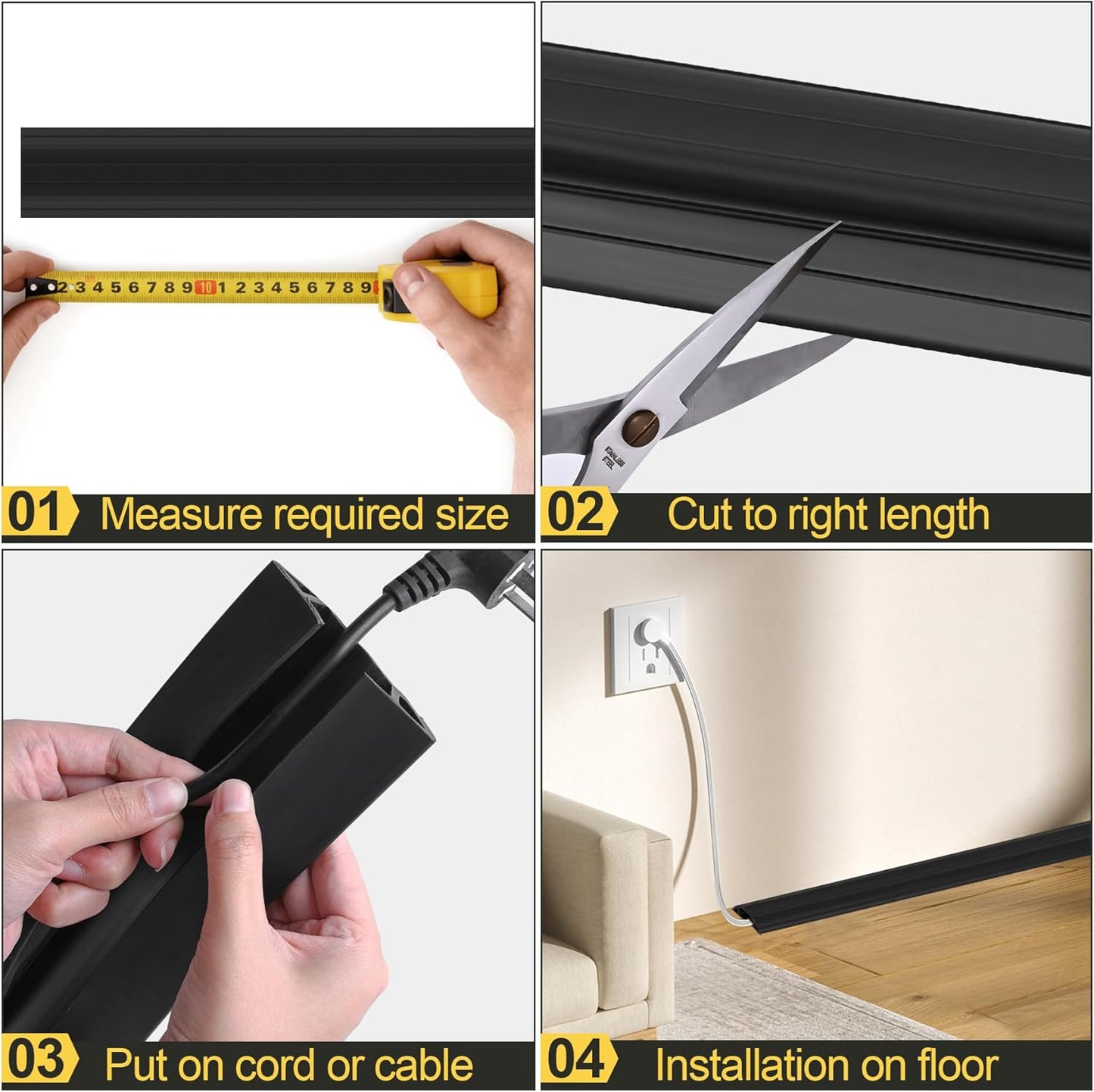 MYFAMIREA 20FT Floor Cord Cover Heavy Duty Cable Cover Protector 3 Channels Extension PVC Floor Wire Cover Outdoor Cord Hider Management Cord Cover for Wire on Floor Home Outdoor (2PCS 10FT, Black)