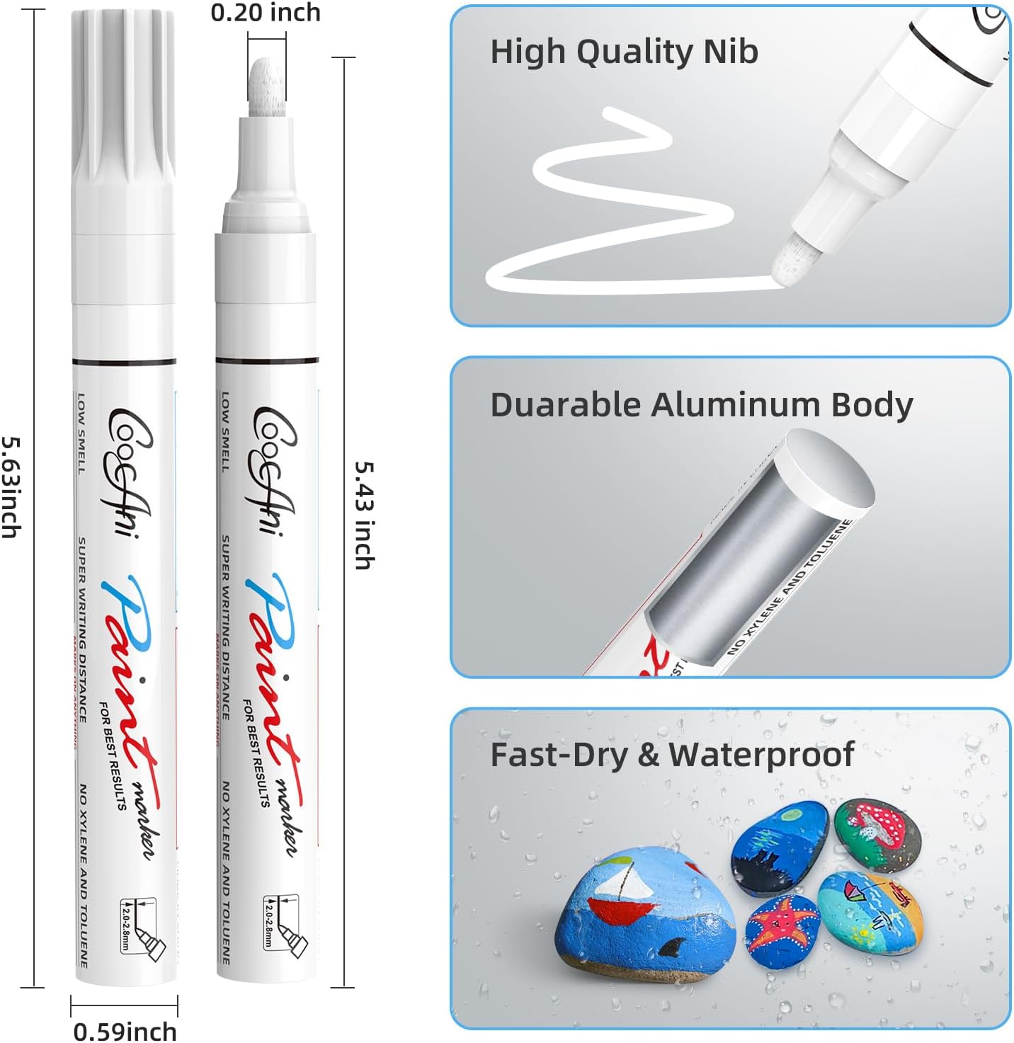 White Paint Pens Paint Markers, 2 Pack Oil Based Permanent Markers With 2-3mm Medium Point Tip For Rock Painting, Wood, Plastic, Metal, Canvas, Mugs Art Supplier (White,2 Pack)