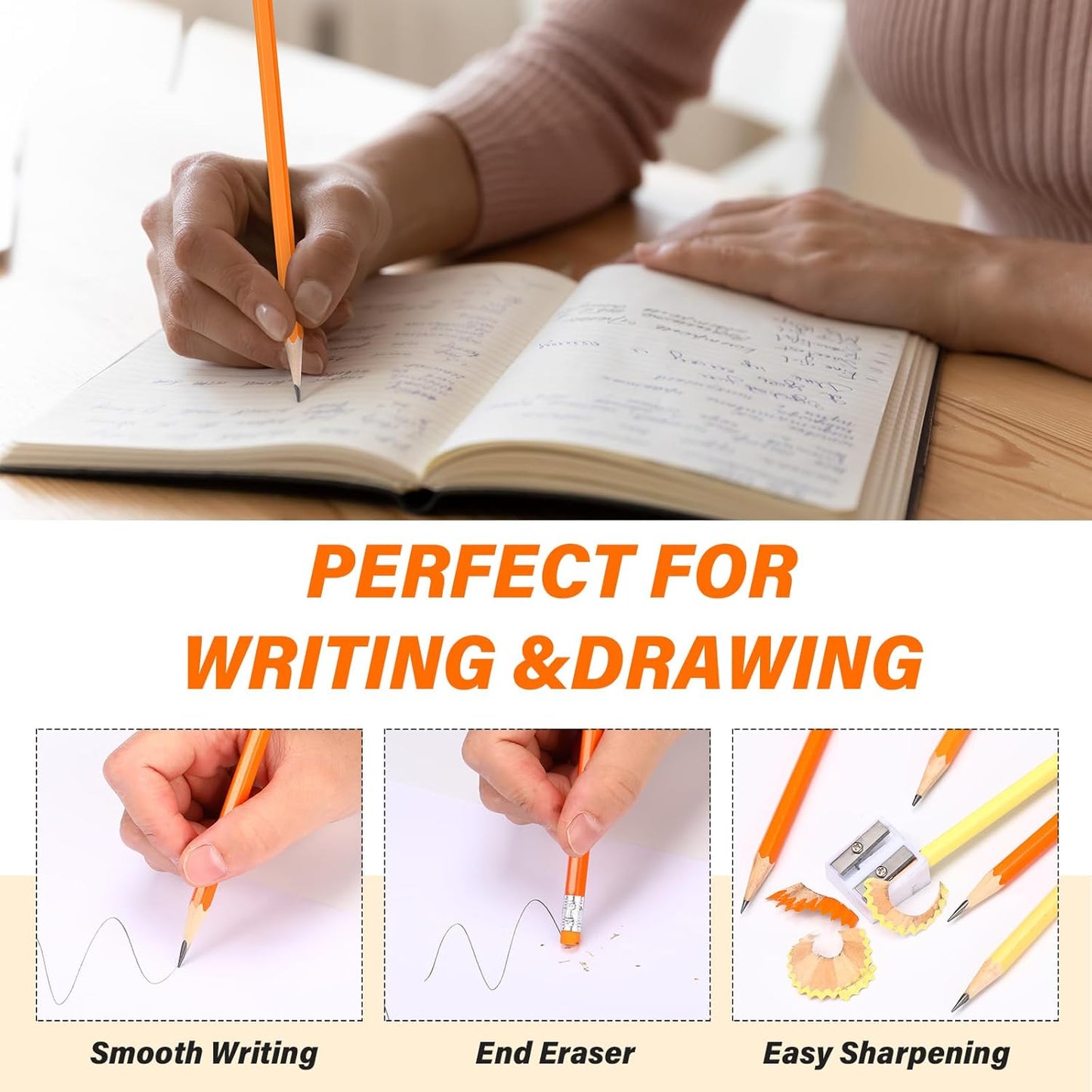 TecUnite 60 Pcs HB Pencils #2 Unsharpened Wood Cased Pencils with Eraser Hexagonal Pencil Cute Graphite No 2 Pen for Adults Gifts Exam School Office Sketching Learning(Orange, Sliver)