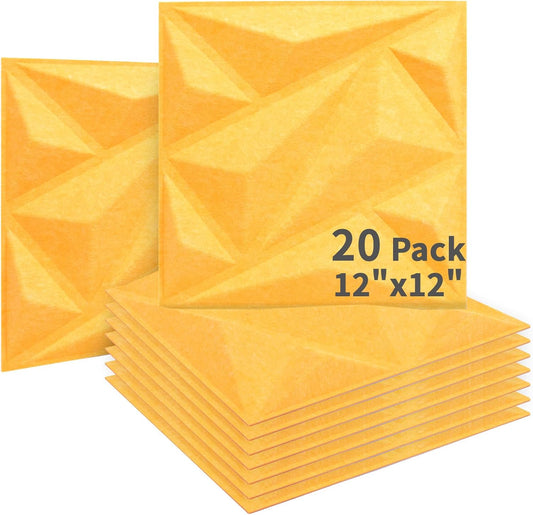 Art3dwallpanels Acoustic Panels 20 Pack Soundproof Wall Panels Sound Dampening Panels, 3D Wall Panels Sound Absorbing Panels, 12" X 12", Yellow without Tape