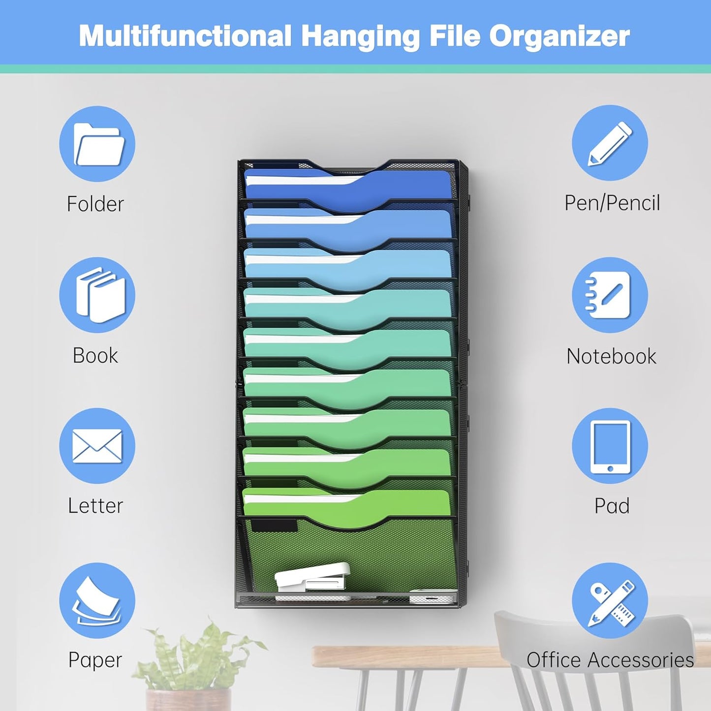 Kuntine.B Wall File Organizer Office Hanging Magazine Holder Wall File Organizer for Office Home (Black, 11 Tier)