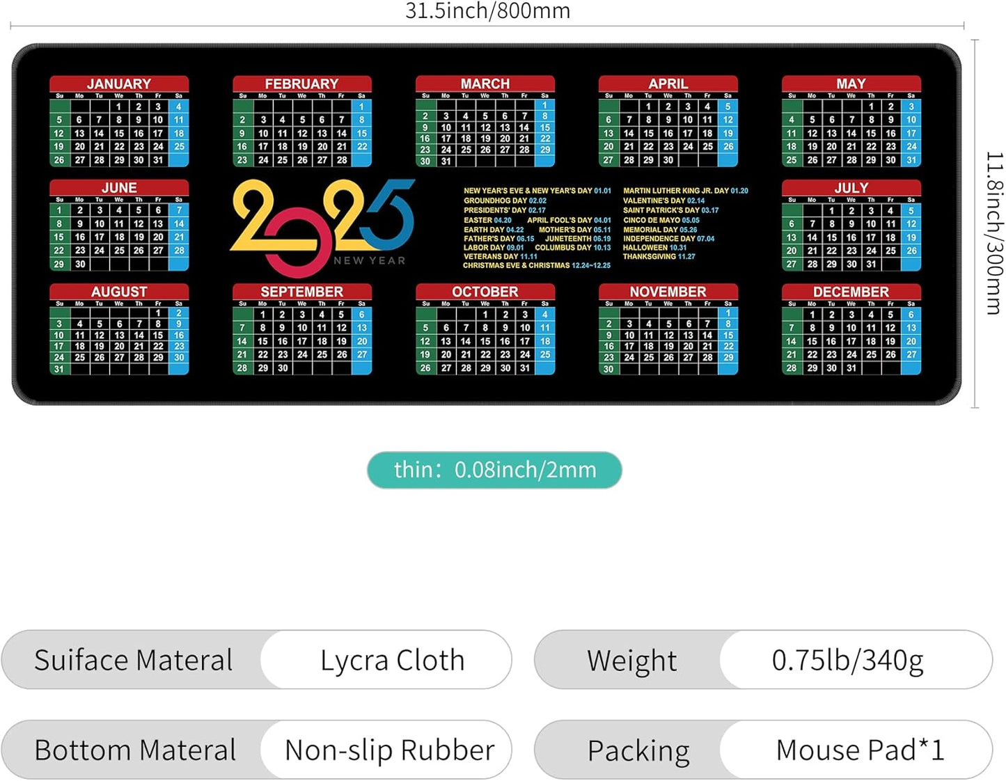 Dynippy Thin Extended Gaming Mouse Pad （31.5 * 11.8 * 0.08 inch） with Stitched Edges Large Mousepad Long XXL Keyboard and Mouse pad Desk Mat for Gaming Office & Home - 2025 Calendar Holidays