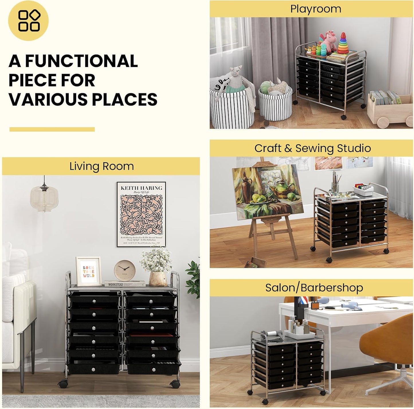 Giantex 12 Drawers Rolling Cart, Mobile Storage Drawer Cart, Classroom Organizer Cart for Office School Supplies Tools Scrapbook Paper Craft Small Printer, Utility Cart on Wheels, Black