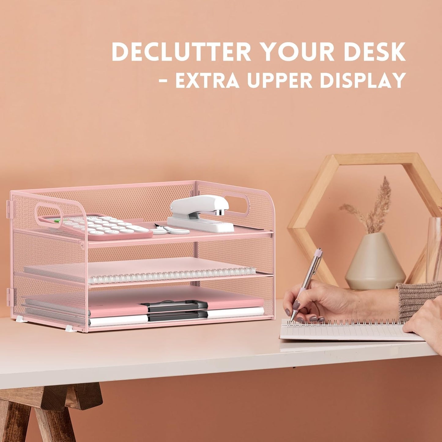 SUPEASY 3 Tier Paper Organizer with Handle, Mesh Desk Organizer Letter Tray, A4 File Folder Paper Tray, Pink