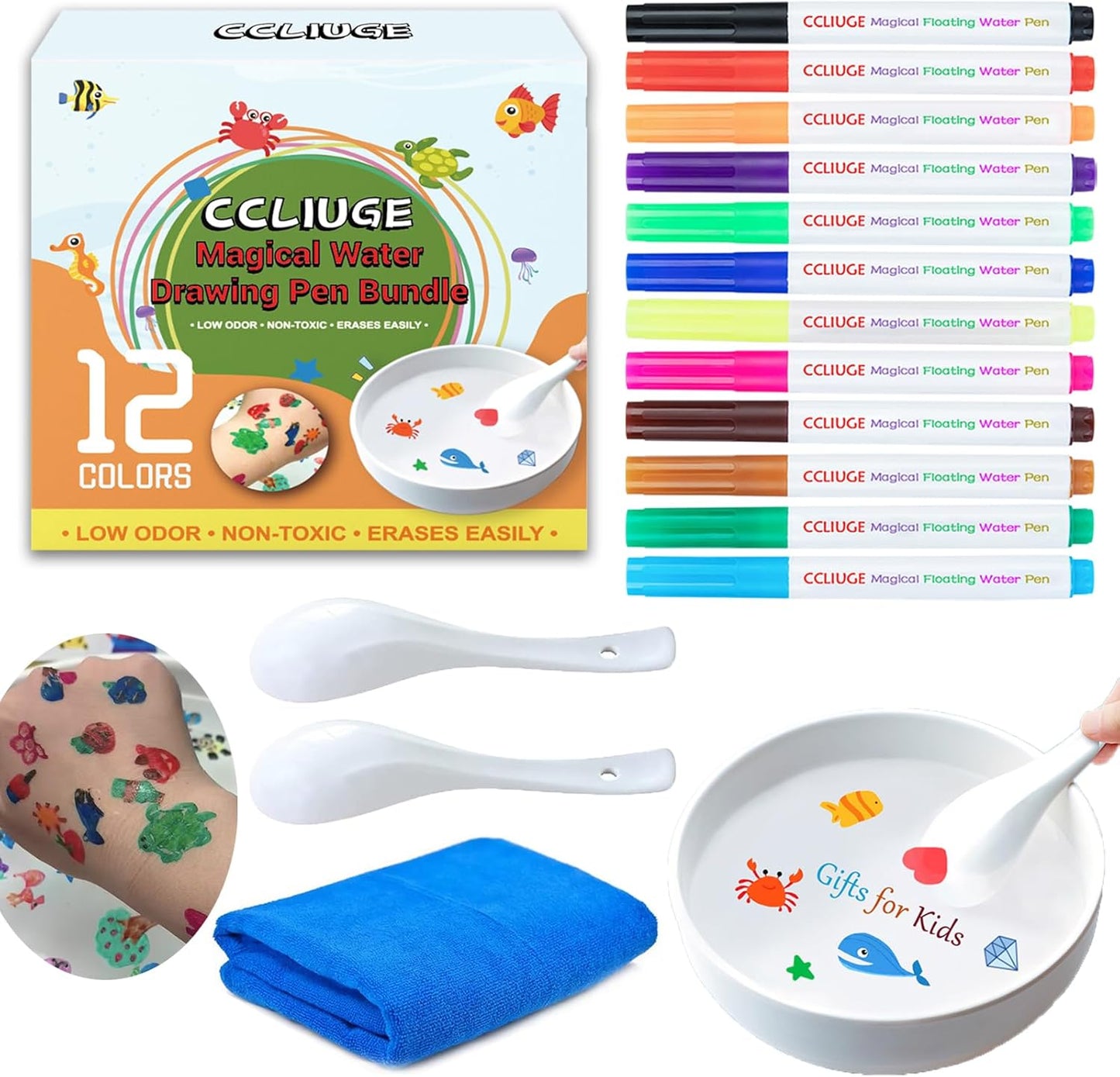 Kiddies Create Magical Floating Drawings Bundle, 12 Colors Magic Drawing Pens for Kids Water, Magical Water Painting Pen Set with Spoons & Towel, Water Art Markers for Tattoo, Gifts for Boys & Girls