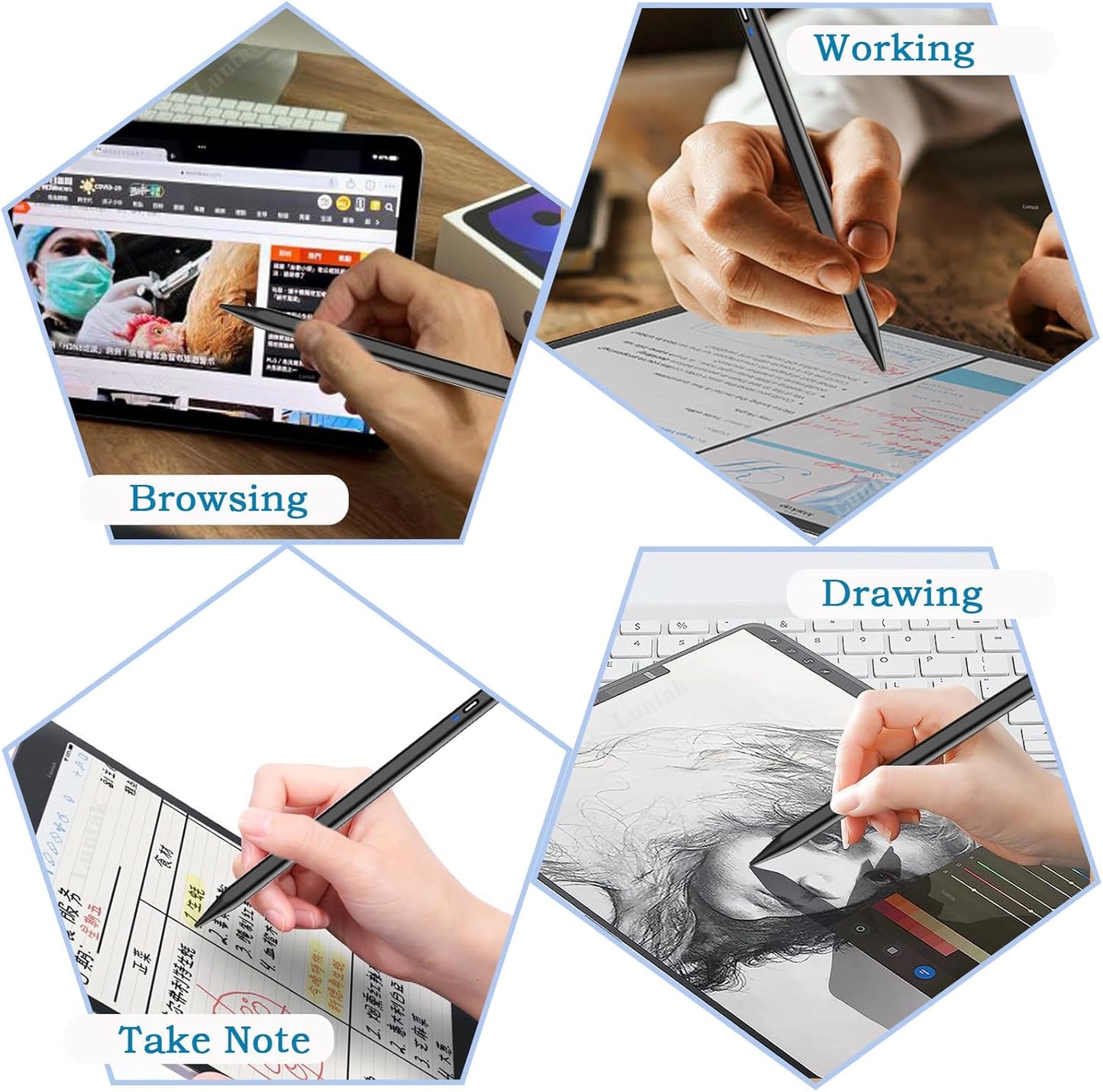 Stylus Pen for Android Tablet, Pom Tip Tablet Pencil for iOS/Android,Rechargeable Active Stylus Pen for iPhone/Samsung/XiaoMi/Huawei/Vivo/Lenovo/Pixel and Other Android Smartphones and Tablets-Black