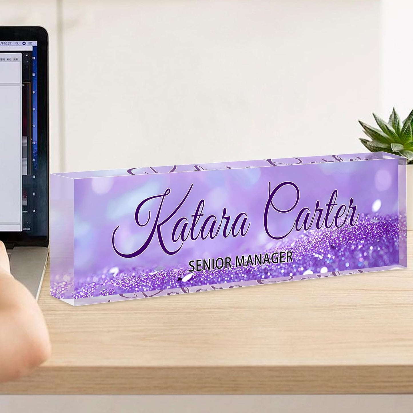 Name Plate for Desk Personalized, Acrylic Desk Decorations, Employee Appreciation Gifts, Custom Office Gifts for Coworkers, Boss, Teacher, Nurse (Purple Quicksand)