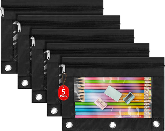 IKAYAS 5 Pack Black Pencil Pouch for 3 Ring Binder Colorful Pencil Pouch with Zipper Bulk, 3 Ring Binder Pencil Pouches Pencil Case Pencil Bags for Classroom Storing School Teacher Supplies