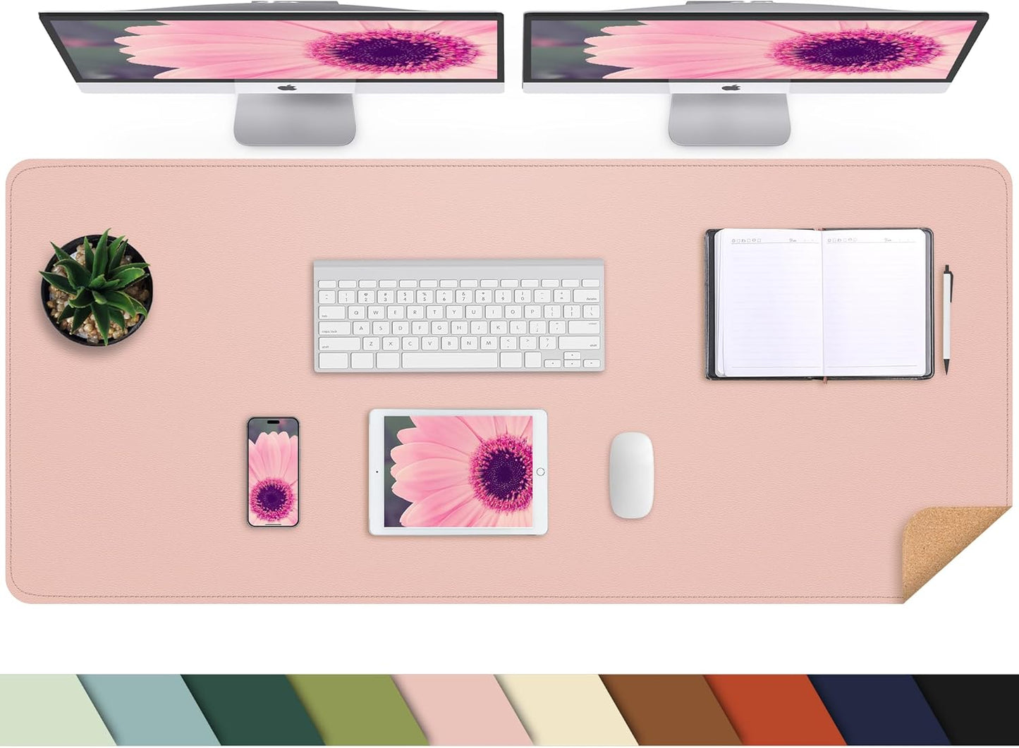 AFIING Leather Desk pad Protector, Large Non-Slip Office Desk Mat with Natural Cork & PU Leather, Waterproof Writing Mouse Pad for Office and Home (55in*17in,Pink)