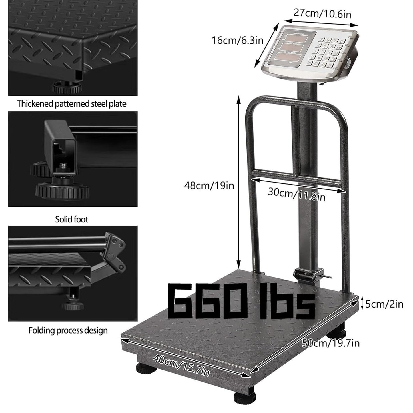 660LBS Industrial Platform Scale Weight Computing Digital Scale Floor Platform Scale with Removable Guardrail Perfect for Postal Luggage Shipping Mailing Weighing LB/KG