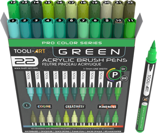 22 Flexible Brush Tip Acrylic Paint Pens Markers Set 1-7mm Line for Rock Painting, Brush Lettering, Glass, Mugs, Wood, Metal, Canvas, Fabric, Plastic. Non Toxic Waterbased Quick Drying Assorted Green