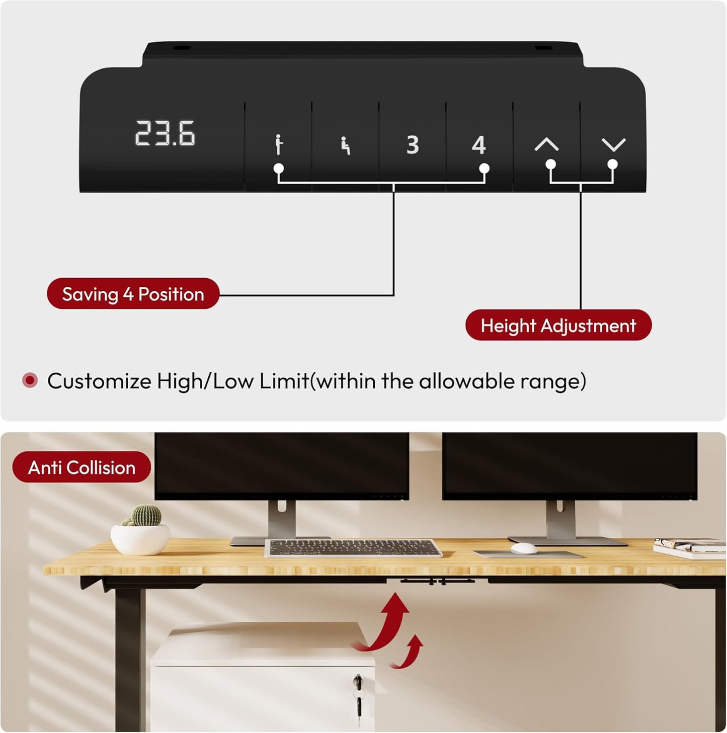 Standing Desk with Dual Motor, 3-Stage Lifting Column, Handset with 3 Preset and Sit-Stand Reminder - 72 inch Whole Piece Real Bamboo/Black Frame, Height Adjustable Desk for Home and Office