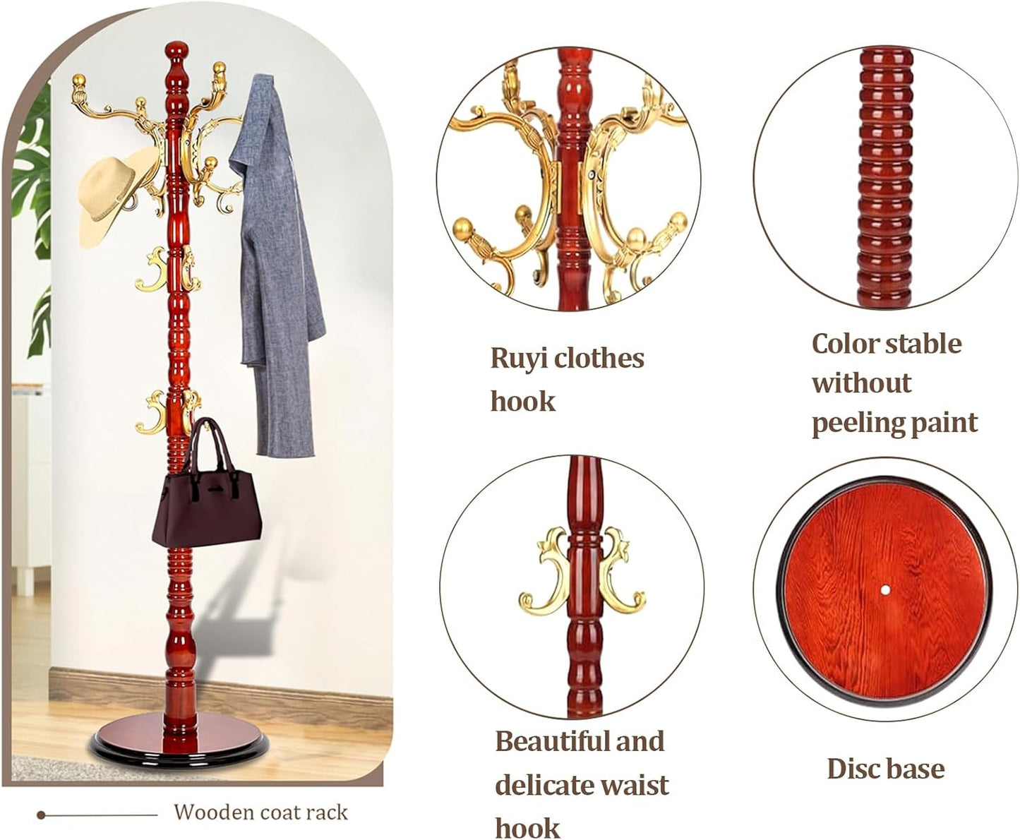 Vintage Wooden Coat Rack Free Standing,14 Hooks, 3-Level Adjustable Height, 73-Inch Retro Coat Rack Stand, Suitable for Entryway, Living Room, Office and Bedroom (Begonia color, 2PCS)